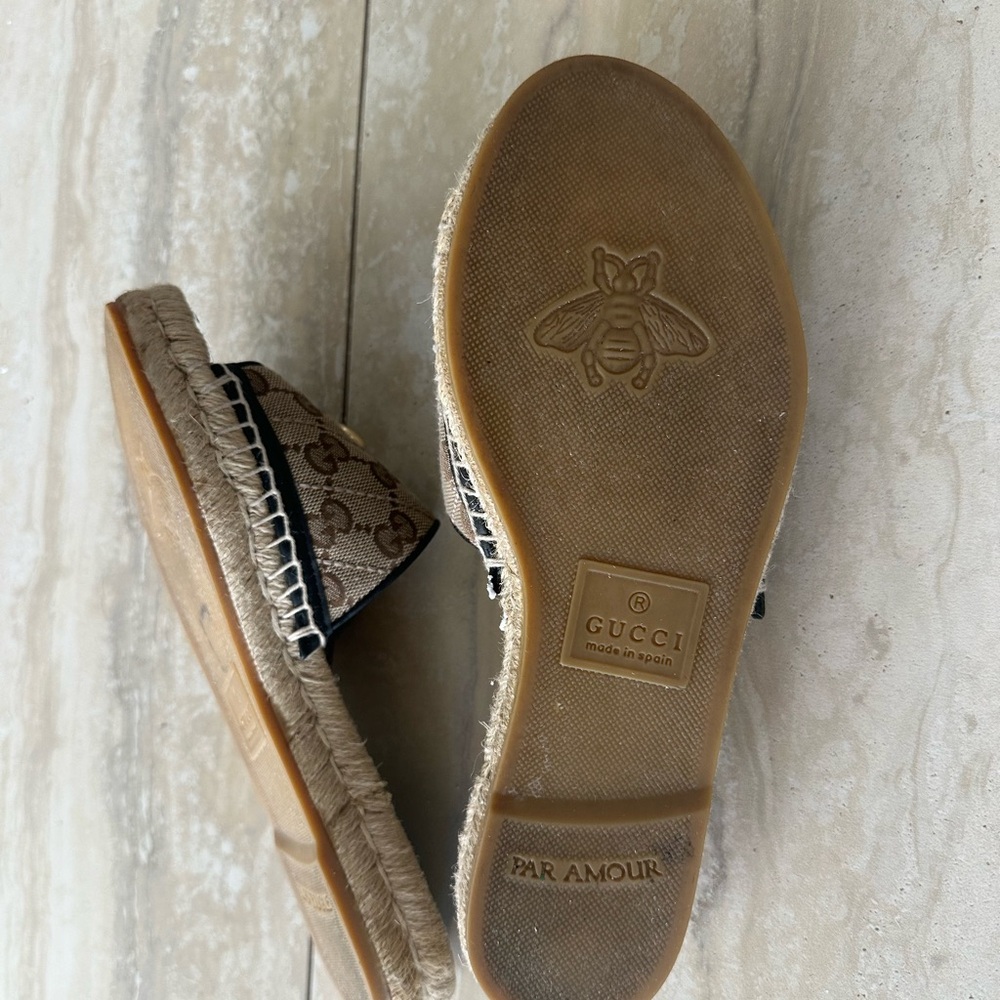 Gucci Brown Monogram Espadrille Slide Sandals with Gold Double G - Picture 7 of 8